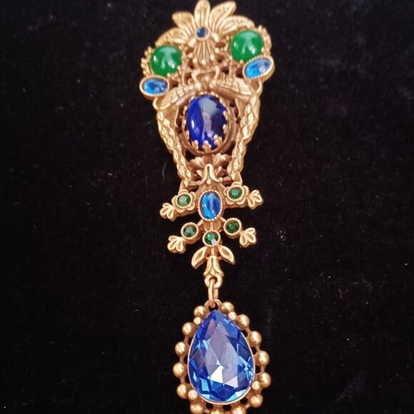 Askew of London Jewelry - Large Vtg ASKEW Peacocks Faux Jade Emerald Sapphire Pin Art Nouveau London